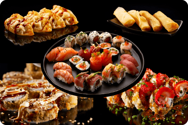 32 peças Degustação + 10 Hot Salmão + 10 Hot Gambas + 8 Crepes + 8 Guiozas